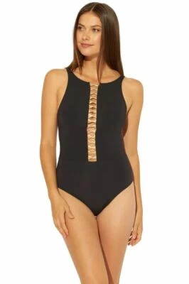 Traje de baño Bleu Rod Beattie Twister cuello alto recortado de una pieza negro oro rosa 8 Foto 1 de 2