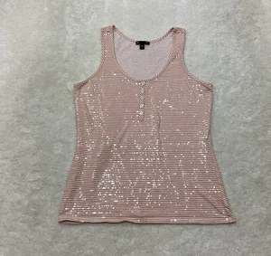 Gap Womens Size S Sleeveless Orange And White Striped Sequin Henley Tank Top  - Picture 1 of 9