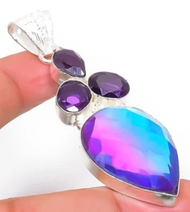BiColor Tourmaline Gemstone Handmade 925 Sterling Silver Jewelry Pendant 2.3" - Picture 1 of 9
