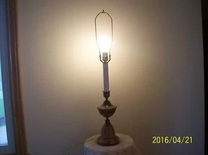 Candle Stick Hollywood Regency Design Tall Vintage Brass & Wood Table Lamp - Picture 1 of 9