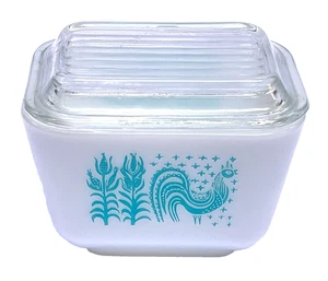 PYREX AMISH BUTTERPRINT TURQUOISE Rooster 501 Refrigerator Dish Lid 1.5 pt Blue - Picture 1 of 8