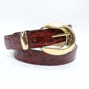 Vtg Dress Belt Women XS Brown Textured Croc Embossed Gold Tone Buckle Keep - Picture 1 of 8