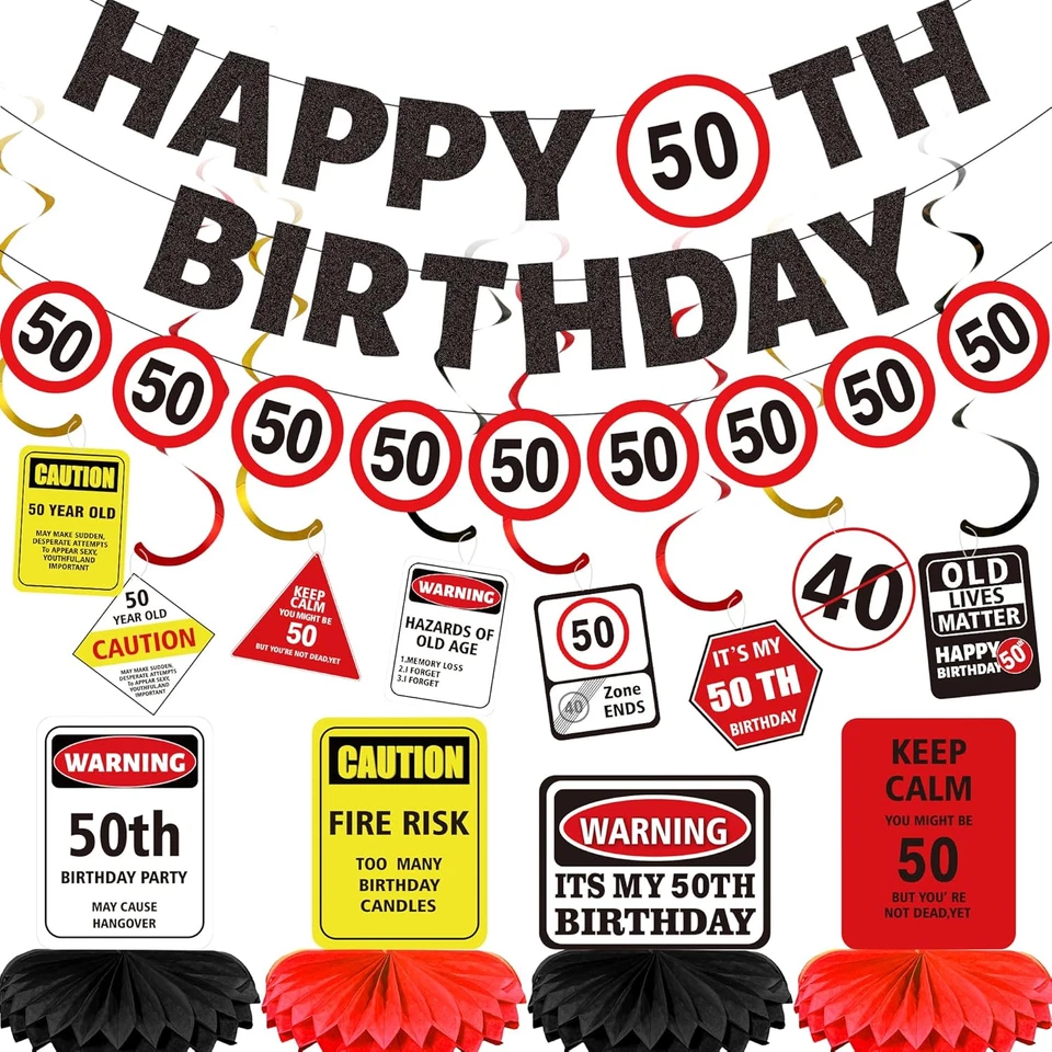 Suministros de fiesta decoraciones cumpleaños 50 - 14 piezas logotipos de precaución pancartas colgantes  Foto 1 de 4