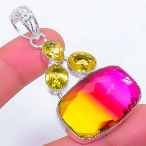 Tri-Colore Quarzo, Citrino Gemma 925 Argento Sterling Ciondolo Gioielli - Foto 1 di 5