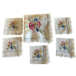Antique Embroidered Wildflower 6-Piece Linen with Lace Trim Set (1930s–1950s) - Picture 1 of 5