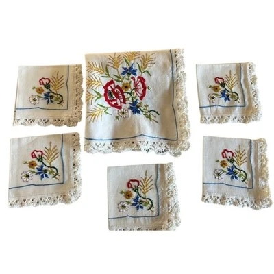 Antique Embroidered Wildflower  6-Piece Linen with Lace Trim Set (1930s–1950s) - Image 1 of 4