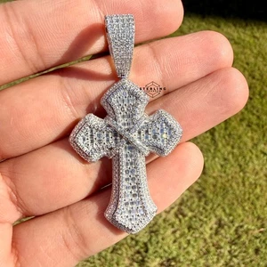 Moissanite Iced Cross Pendant Pass Testers 925 S.Silver Bling + Free Rope Chain - Picture 1 of 11