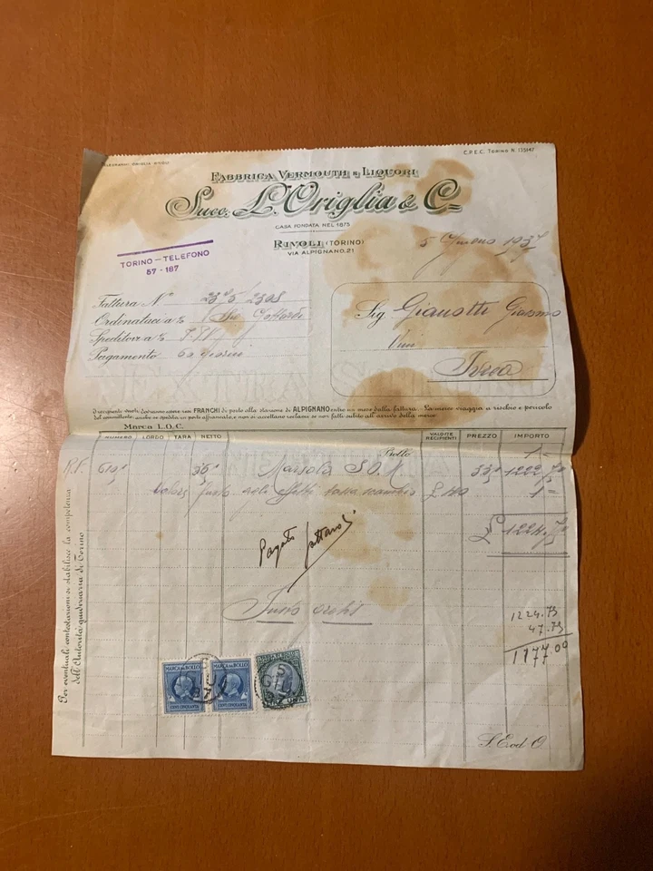 RIVOLI TORINESE 1937 - fattura ORIGLIA VERMOUTH LIQUORI - Immagine 1 di 1
