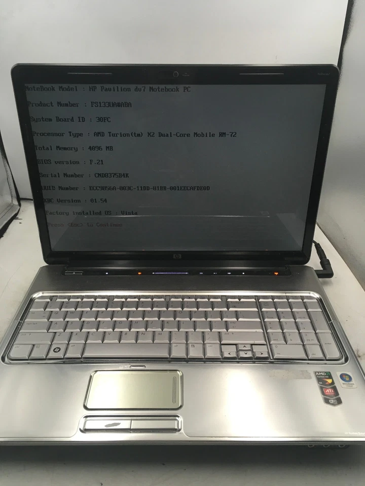 HP PAVILION DV7 1129WM - BOOTS TO BIOS/BIOS LOCK - AMD TURION X2 - 4GB RAM - BB - Image 1 of 4