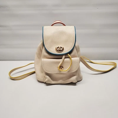 Mochila Coach Mini Bloqueo Giratorio Cuero Guijarro Blanco Borde Bloque de Color Leer Estado Foto 1 de 4