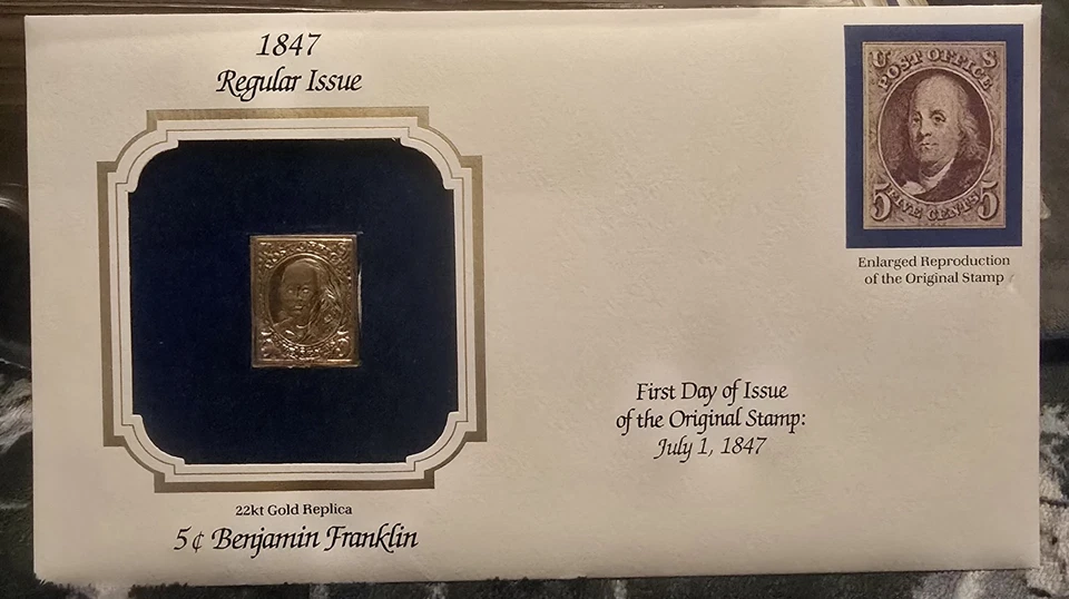22kt Gold Replica First Day Of Issue July 1 1847 Benjamin Franklin 5 cent. - Image 1 of 1