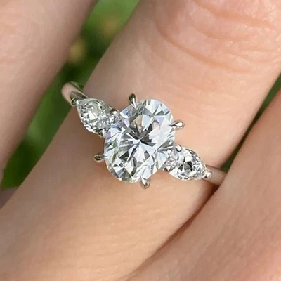 Wedding Engagement Ring 2.50 Ct Oval Cut Diamond Three Stone 14K White Gold Over - Image 1 of 4