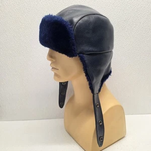 Vintage Winter Guardsman Snow Trapper Hat Faux Fur Ear Flaps Dark Blue - Picture 1 of 23