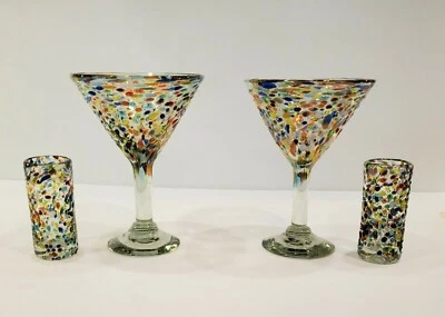 Mexican Art Glass Cocktail & Shot Glasses Confetti Pebble Design 4 Pieces - Image 1 of 4