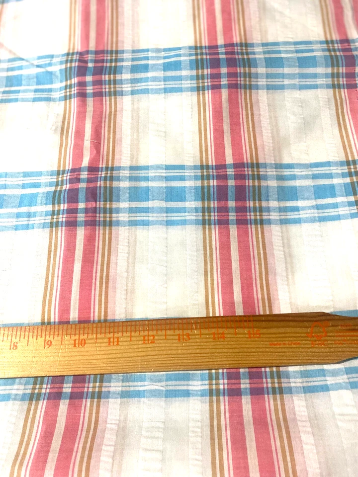 Винтажный хлопок большой клетку seersucker ткани 45 «x 44» (розовый, бирюзовый, желтовато-коричневый, белый) - Изображение 1 из 1