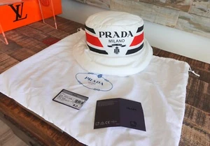 PRADA BUCKET HAT M white big logo red black stripe padded cap unisex re nylon - Bild 1 von 22