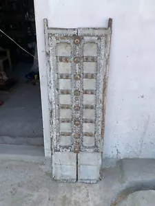 Antique Handcrafted Wooden White Painted Rajasthan House Door with Brass Detail - Picture 1 of 11