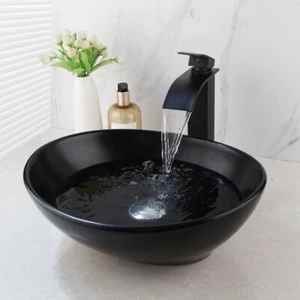 Schwarz Badezimmer Gefäß Waschbecken 16"x14" Oval Keramikbecken Schüssel mit Wasserhahn und Abfluss - Bild 1 von 9