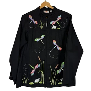 Quacker Factory Black Embroidered Dragonflies Jacket Sz Large Zip Up Colorful - Picture 1 of 10