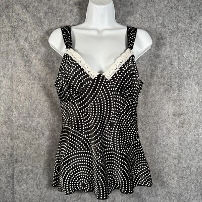 Y2K A Byer Satin Babydoll Camisole Top Womens Large Black Polka Dot Lace Fairy - Image 1 of 4