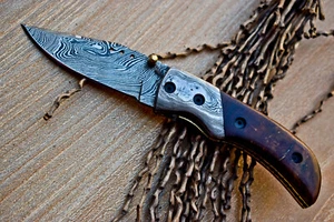 Custom Handmade Damascus Steel Pocket Folding Knife With Premium Leather Cover, - Bild 1 von 7