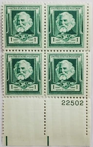 US 1940 1 CENT, BLOCK OF 4 STAMPS ,SCOTT# 864, HENRY W. LONGFELLOW, MNH/OG/XF - Picture 1 of 2