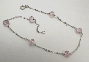 Hecho a mano ~ Pulsera tobillera de plata de ley .925 cristal rosa 10 1/2" - Imagen 1 de 7