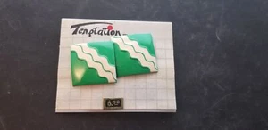 Vintage Temptation Brand Green Square Earrings W/ White Squiggly Stripes NOS - Picture 1 of 2