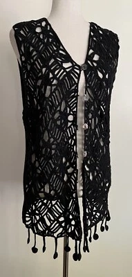 Chaleco Vintage Negro Tejido Abierto Crochet Flecos Hippie Festival Boho Talla L Foto 1 de 4