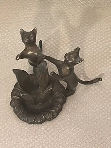 Bronze Paar aufrechte Katzen rund um Blume Schmuck/Kerzenhalter 4 Zoll groß SELTEN! - Bild 1 von 14
