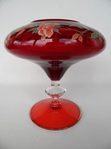 Vintage Bohemia Bohemian Ruby Red Art Glass & Floral Design footed bowl vase - Picture 1 of 8