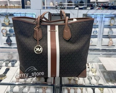 NWT Michael Kors Eva Large signature logo Stripe Travel Tote Bag With Pouch MK - Image 1 of 4