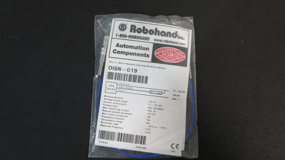 ROBOHAND OISN-019 3mm x 12mm Hardwire Inductive Proximity Sensor  - Image 1 of 1