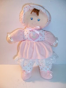 Kids Preferred Baby Doll - Pink White - Brown Hair Blue Eyes Stars Plush 12"  VG - Picture 1 of 5