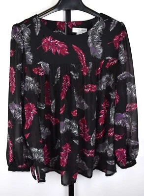 Blusa Top Sag Harbor Talla Grande 2X Negro y Rosa Patrón Pluma Mangas Transparentes Foto 1 de 4