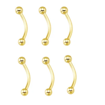 6 Pc Gold PVD Plated Curved Barbell Eyebrow Ring 16g, 3/8" (10 mm) - Image 1 of 3
