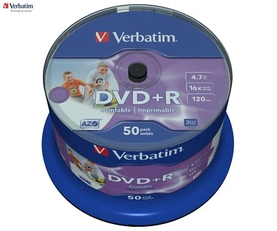 Verbatim DVD+R 4.7GB 16x Speed 120min Inkjet Printable DVD Discs Pack 50 - Image 1 of 2