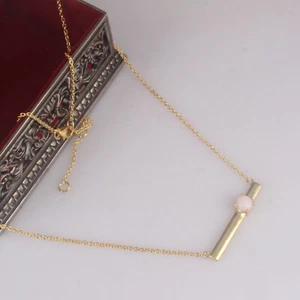 Handmade Dainty Gold Plated 925 Silver Bar Necklace With Pink Opal Jewelry Gift - Picture 1 of 7