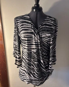 Dressbarn Blouse Black & White Animal Print Zebra 3/4 Sleeve Beaded Stretch 1X - Picture 1 of 2