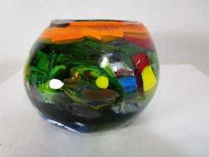 Studio Art Glass Patchwork Bowl Vase Small Size Heavy Multi Color - Picture 1 of 17