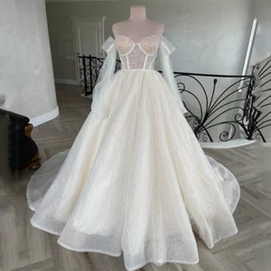 Champagne Weddings Dresses Off Shoulder Long Sleeve Glitter Beaded Bridal Gowns - Picture 1 of 7