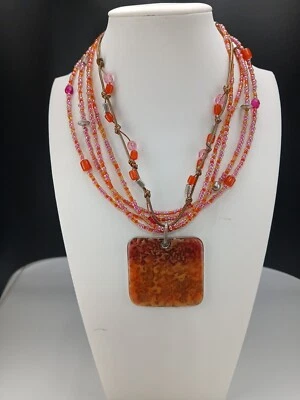 Chico's leather pink & orange glass beads Animal print square pendant necklace  - Image 1 of 4