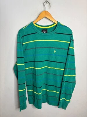 Volcom T- Shirt Thermal Long Sleeve Waffle Knit Striped Y2K Mens XL Green 5553 - Image 1 of 4