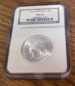 PORTUGAL 1916 50 CENTAVOS NGC MS-64 NICE SHARP WHITE COIN - Picture 1 of 2