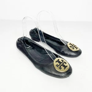 Tory Burch Reva Ballet Flat Black Nappa leather gold medallion logo womens 8 - Picture 1 of 9