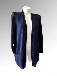 St. John Basics Santana Knit Open Cardigan Womens M Navy Gold Buttons Sweater - Picture 1 of 10