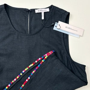 BCBGeneration Black Linen Blend Pompom Trim Sleeveless Top NWT - Picture 1 of 9