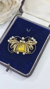 Antica spilla in vetro ceco citrino art deco filagrana chiusura a C - Foto 1 di 9