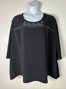Catherines Black Label Womens Plus Size 3X Black Lace Trim Top 3/4 Sleeve - Picture 1 of 6
