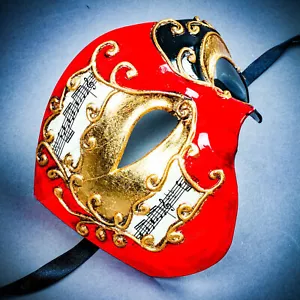 Red Phantom Of The Opera Musical Gold Lining Black Masquerade Venetian Men Mask - Picture 1 of 7
